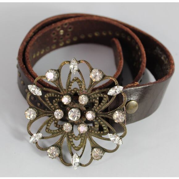 Black & Brown London vintage 90s leather bling rodeo studded floral belt Small - Picture 1 of 7